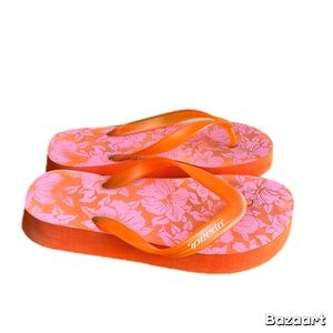 Speedo Flip Flops Thong Sandal Orange/Pink Floral Platform Y2K Casual Beach Sz 9